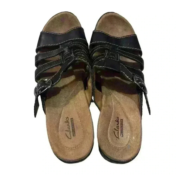 clark’s  Bendables Womens Size 8 Leather Cross Strap Slide Sandals Shoes black - Picture 3 of 7
